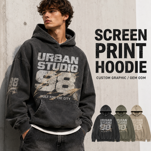 Sweat à capuche personnalisé sérigraphié 450 GSM en molleton brossé épais, lavage garment wash, streetwear, vêtement graphique - Product Image 1