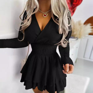 1133 mini vestido con cuello en V y estampado floral <span class=keywords><strong>para</strong></span> mujer, corto, informal, acampanado, en forma de A, ropa formal de talla grande, manga larga de otoño <span class=keywords><strong>para</strong></span> mujer joven - Product Image 4