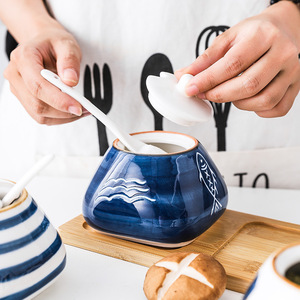 Japonais plateau en bambou céramique récipient à <span class=keywords><strong>condiments</strong></span> de cuisine ensemble de pots de sel et de sucre - Product Image 4
