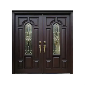 Portes d'entrée doubles en verre anti-effraction de haute qualité en bois massif pour villas contemporaines - Product Image 5
