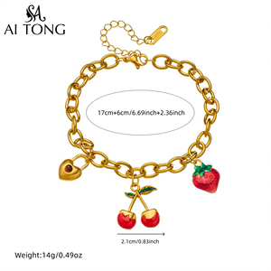 Pulsera de Cadena Gruesa Chapada en Oro Personalizada al por Mayor con Dijes de <span class=keywords><strong>Frutas</strong></span> (Fresa, Cereza, Corazón) Joyería para Mujer, Regalo para Fiestas y Uso Diario - Product Image 6