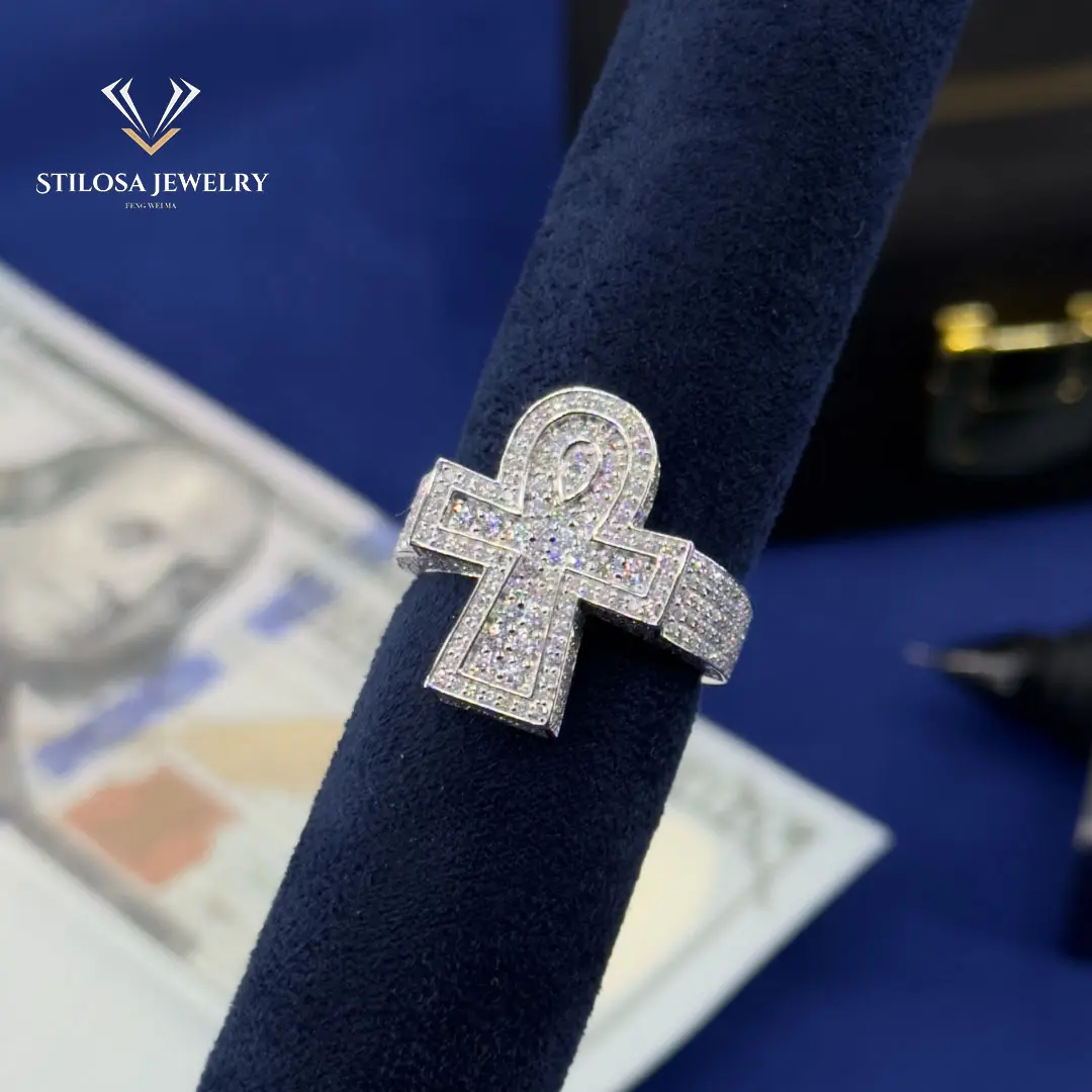 Anel de prata esterlina 925 Moissanite Cruz com joia Hip Hop personalizada VVS anel de moissanite