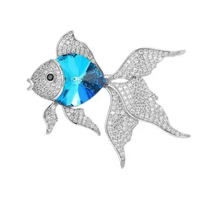 Luxury Design Silver Plated Blue Crystal Heart Brooches Lux Women Fancy Zirconia Fish Brooch Unisex