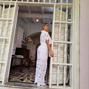 Set Due Pezzi Donna con Camicia Bianca a Maniche Corte e <span class=keywords><strong>Pantaloni</strong></span> Lunghi, Cintura Annodabile, Taglie S-XL, Copricostume <span class=keywords><strong>in</strong></span> <span class=keywords><strong>Maglia</strong></span> per Spiaggia - Product Image 5