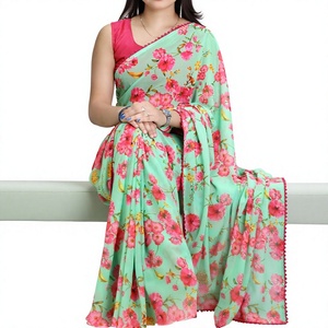 Sarees de Georgette con Estampado Floral en Varios Colores, Venta al Por Mayor, Prenda Tradicional India, Ligeros, con Borde de Encaje, Sarees de Chifón para Fiestas - Product Image 1