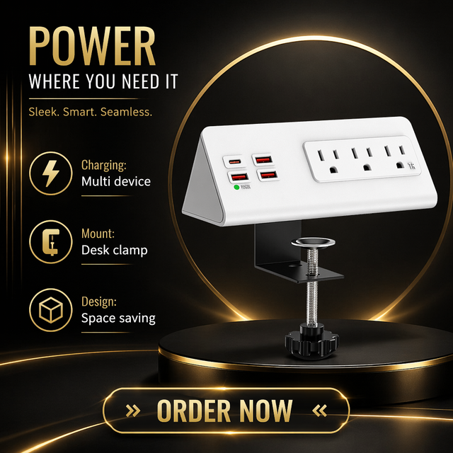 US Power Out Desktop Clamp Socket with 3USB & USB-C Easy Install for Office Nightstand & Coffee Tabletop Power Module