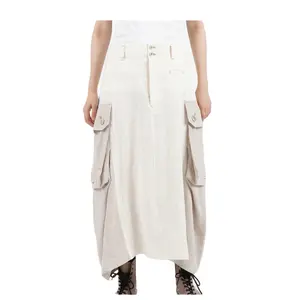 Falda de lona de lino 100% personalizada para mujer, falda de carga de gran tamaño con bolsillos y solapa grande