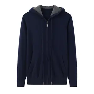 Cardigan en cachemire personnalisé pour hommes, sweat à capuche avec fermeture éclair complète, tricoté, couleur unie, fermeture éclair, hiver, 100%