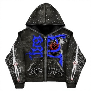 Sudadera con Capucha y Cremallera Estilo Punk para Hombre, Negra y Azul, 100% Algodón, Forro Polar Transpirable, Talla Grande, Manga Regular, Ropa de Invierno - Product Image 1