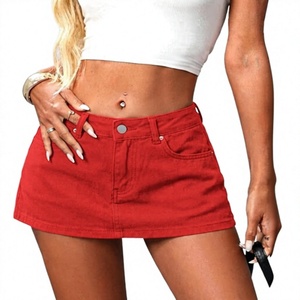Minifalda vaquera roja de cintura alta, color liso, corte en A, estilo casual para mujer, verano-otoño, ajuste regular, con botones frontales y abertura, lavable. - Product Image 1