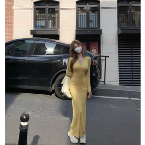 V-Neck Long Sleeve Bodycon Dress Women Natural Waist Simple Style Daily Wear City Commuting Casual Dress Spring Autumn 2025 - Product Image 1
