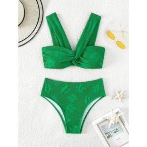 Maillot de bain deux pièces en tissu jacquard floral ondulé vert 2023, exportation européenne et américaine, style INS - Product Image 3