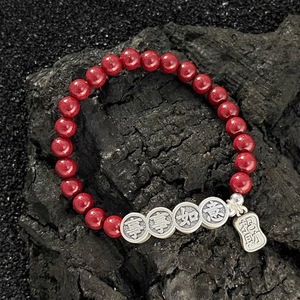 Cinnabar <b>Bead</b> Bracelet With 999 Pure <b>Silver</b> Charms Chinese Style Lucky Charm Unisex Everyday Wear - Product Image 5