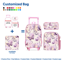 Sac à dos à roulettes Lavender Butterfly Moon, ensemble 3 pièces, en microfibre imperméable, avec sac à déjeuner et trousse à crayons, unisexe, fermeture éclair géométrique