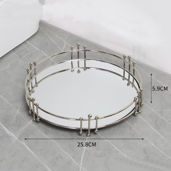 2317j-2501 ถาดกระจกทรงกลม 25ซม.-สีเงิน