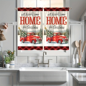 Rideaux de cuisine vintage rouge camion de Noël, '<span class=keywords><strong>Je</strong></span> serai à la maison pour Noël', pour fenêtre, décoration intérieure, 2 panneaux personnalisables - Product Image 3