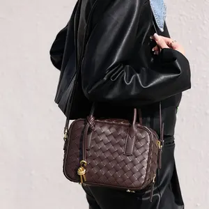 de alta qualidade moda Pequeno saco quadrado bolsas de Couro Genuíno tecido sling Shoulder crossbody bag para as mulheres