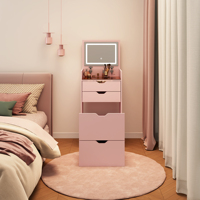 Ensemble coiffeuse et tabouret 3-en-1, avec miroir HD à 3 couleurs lumineuses, 2 tiroirs coulissants et tabouret de rangement dissimulé
