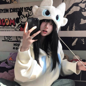 Plush Winter <b>Hat</b> With Ear Protection Thickened Fleece Lining Cute Windproof Design For Female 56-58Cm White And Black - Product Image 2