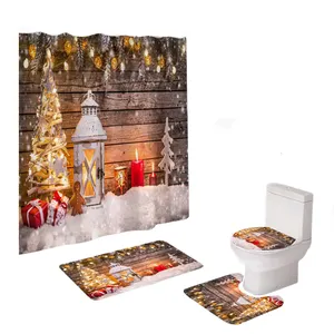 4 PCS Merry Christmas Ensemble de décoration de salle de bain avec couverture de toilette et tapis de salle de bain Rideau de douche en tissu imperméable