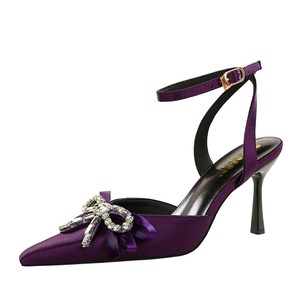 8381-AH133 Zapatos de Fiesta Estilo Europeo Americano, Sensuales, con Diseño de Una Sola Tira, Pedrería, Lazo de Cinta, Punta Puntiaguda, Tacón de Aguja - Product Image 3
