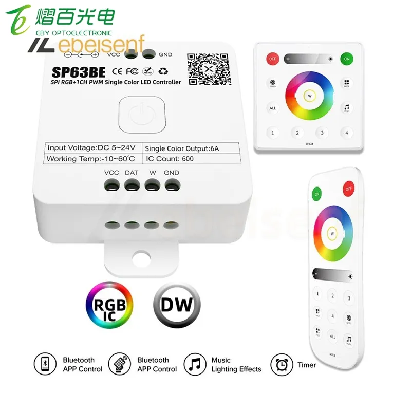 DC 5-24V 12A RGBIC +DW Dual Mode Smart Bluetooth Dimmer SP63BE SPI+1CH PWM LED Strip Light Music Controller RF 2.4G Remote Panel