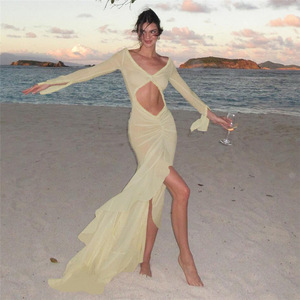 2024 <span class=keywords><strong>estate</strong></span> abbigliamento da donna nuovo arrivo con scollo a V Sexy in pizzo a pieghe cavo trasparente abito Slim Fit - Product Image 1