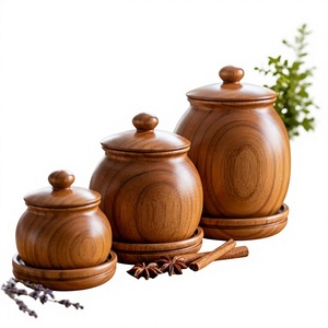 Bocaux à épices en bois faits à la main avec couvercles à clapet, hermétiques, compatibles lave-vaisselle, réchauffables, pour la conservation des aliments dans la cuisine, style traditionnel - Product Image 1