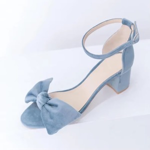 High Quality Summer Blue Block <b>Heel</b> Sandals with Bow Ankle Strap Open <b>Round</b> <b>Toe</b> Women's Sandals for Both Prom Evening Look - Product Image 3