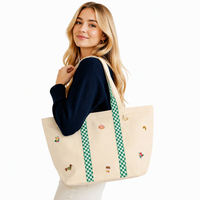 Sac fourre-tout en toile brodée grande capacité pour femme, sac à bandoulière réutilisable pour la plage, les voyages et le shopping avec sangle à carreaux.
