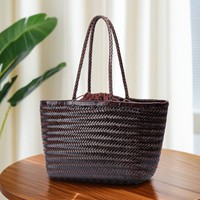 Sac à main en cuir véritable avec doublure en coton tissé style dragon, sac panier vintage français grande capacité, sac à bandoulière pour femme