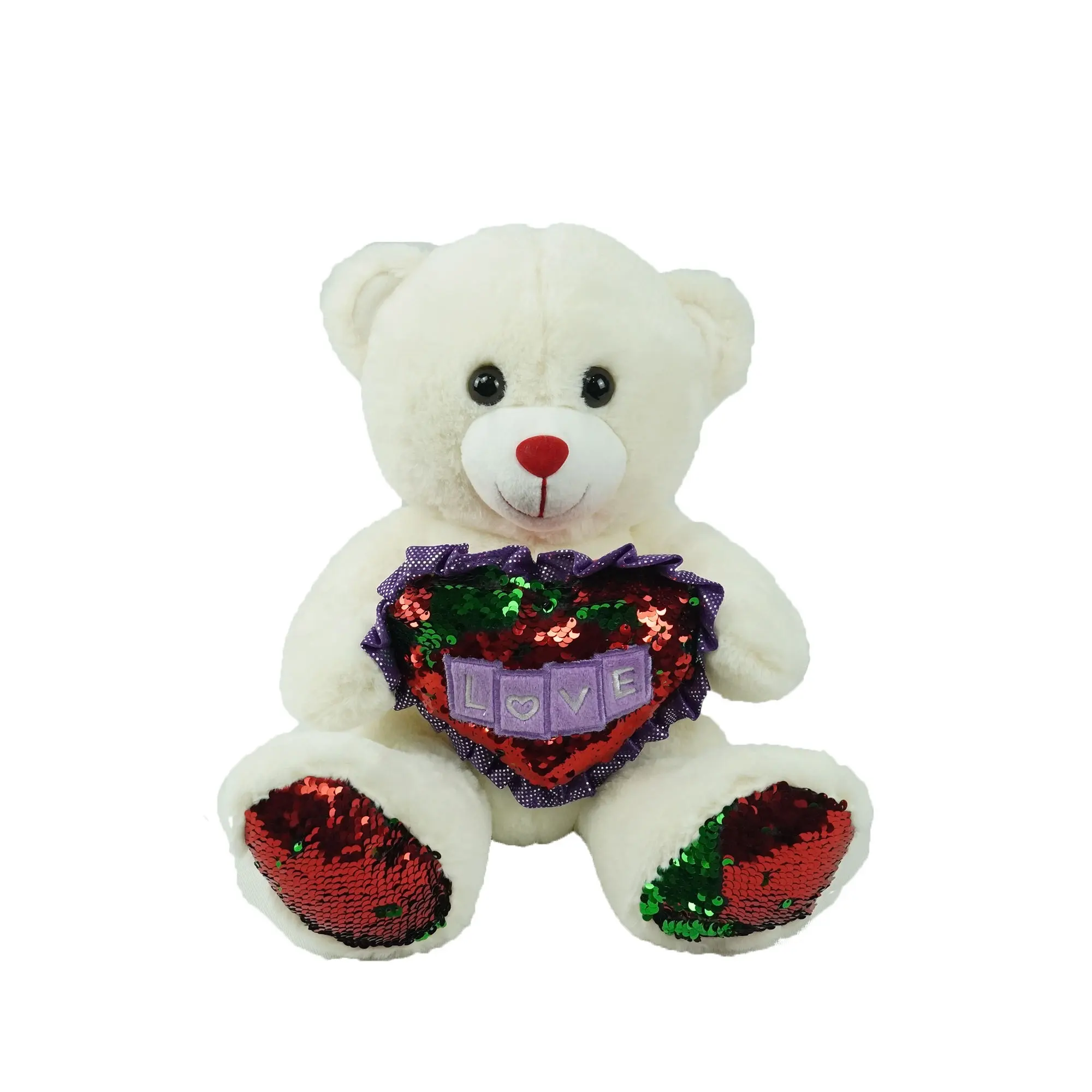 빨간 녹색 Sequin 심장 견면 벨벳 장난감을 가진 발렌타인 연인 선물 주문을 받아서 만들어진 테디 베어