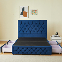 Divan-lit king size rembourré en velours bleu marine avec tiroir de rangement ottoman à boutons au design exclusif