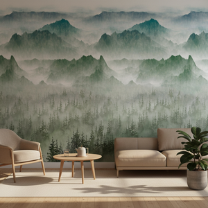 Selbstklebende Umweltfreundliche Seiden-Wandtapete Wasserfeste Nebelgrüne Berglandschaft Moderne Tapete für Heimwände - Product Image 1