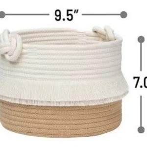 Handmade Cotton <b>Rope</b> Woven <b>Storage</b> <b>Basket</b> Round White And Brown Tassel Design Toy Organizer Standing Type - Product Image 4