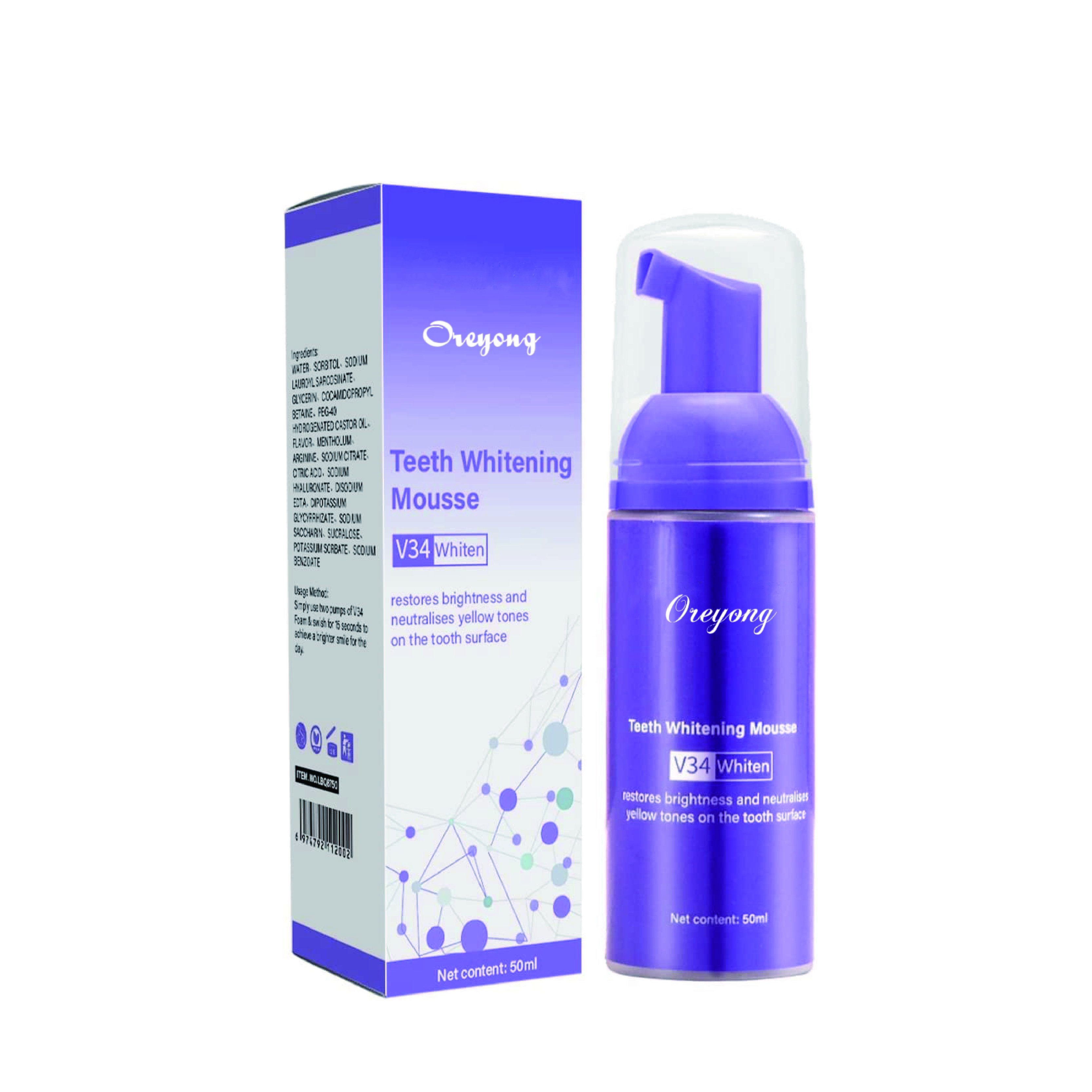 Заводской уход за зубами V34, корректор цвета, удаление пятен на зубах, фиолетовая зубная паста для отбеливания зубов, усилитель зубной пены, мусс