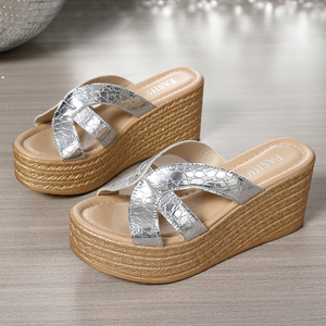 Sandales compensées à plateforme pour femme, style <span class=keywords><strong>espadrille</strong></span>, imprimé crocodile doré, à brides croisées, à enfiler, chaussures décontractées d'été pour femmes - Product Image 6