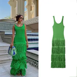 Новые летние платья сплошной цвет с бахромой трикотажное платье на лямках для женщин
