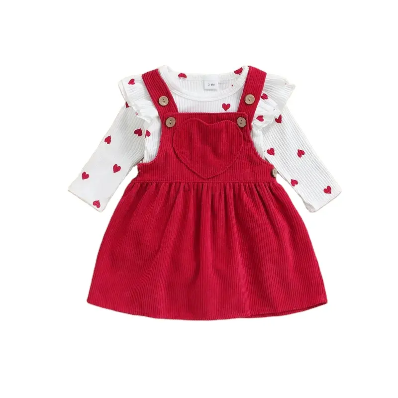 ملابس أطفال Boutique قلوب مضلعة رومبير أحمر سروال قصير حمالة فستان عيد الحب 2 طقم ملابس فتيات أطفال