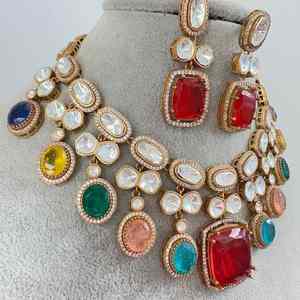 Natural Multi Color Duplet Moissanite Polki Choker <b>Necklace</b> Indian Wedding Bridal Jewelry Bollywood Sabyasachi <b>Necklace</b> - Product Image 4