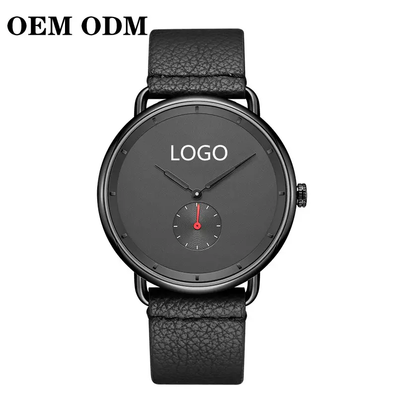 Oem Odm Zwart Lederen Vrouwen Man Unisex Minimalistische Horloge