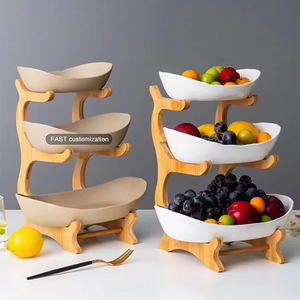 Cestino per Frutta a 3 Livelli in Legno di Bambù, Stile Europeo, Grande Capacità, Ciotola in Ceramica, Contenitore per Alimenti da Cucina - Product Image 3