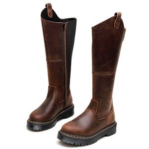 Botas largas de crin para mujer con cintura elástica, botines de cuero estilo inglés, punta redonda de cuero genuino - Product Image 5