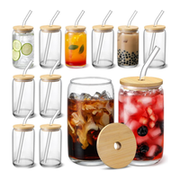 Gobelet en verre de style classique pour sublimation DIY, 12 oz (360 ml) et 16 oz, avec couvercle en bambou et paille, idéal pour les promotions et cadeaux