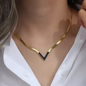 Joyería de moda para mujer, collar de cadena de serpiente con hoja de espiga, collar en V chapado en oro, collar de acero inoxidable para mujer