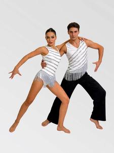 Costume da ballo jazz per coppia, con paillettes argento e frange a righe, per performance, abbigliamento da competizione coordinato uomo donna - Product Image 4