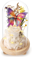 Rose éternelle blanche de luxe avec bordure dorée dans un dôme en verre avec lumière LED papillon arc-en-ciel, fleur réelle pour anniversaire de mariage