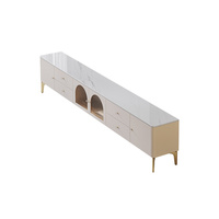 Meuble TV GECKO D037-180 de luxe italien moderne avec plateau en pierre frittée, console multimédia en bois massif, éclairage LED et porte en verre cintrée pour salon