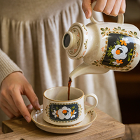 Coffret cadeau fait main en céramique de style vintage Tasse soucoupe Tasse à café Thé Cafetière Camélia Service à café