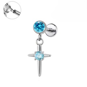 Pendientes de titanio G23 con circonita rosa brillante y colgante de cruz, <span class=keywords><strong>piercing</strong></span> para nariz y <span class=keywords><strong>labio</strong></span>, regalo de boda para mujer - Product Image 5